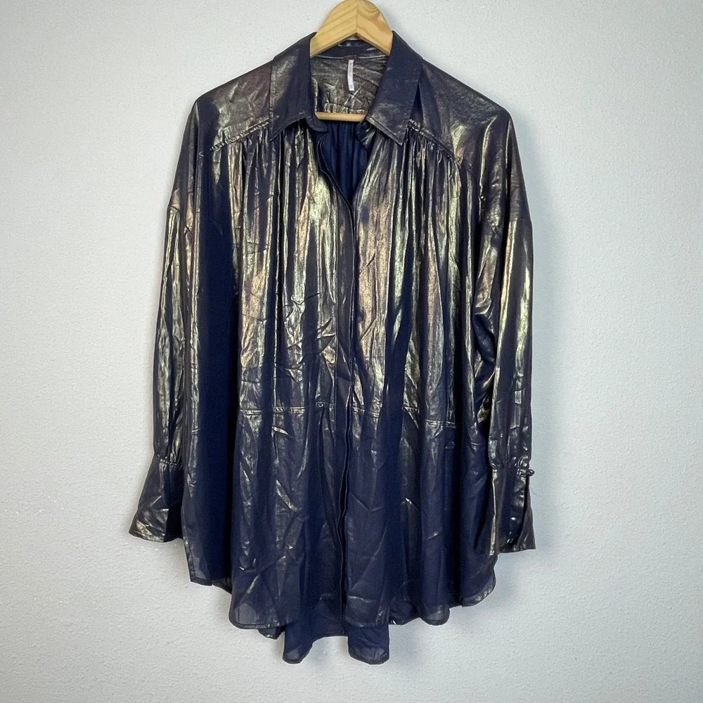 Free People Metallic Sheen Button Down Shirt Blouse‎ Navy Gold XS Oversized